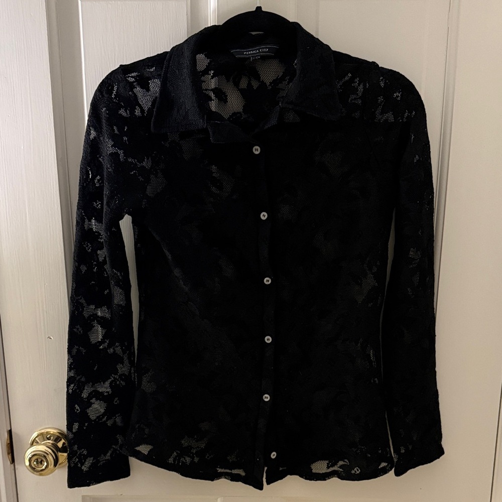 Chic Black Lace Button-Down Shirt